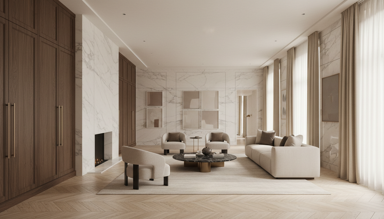 Grand luxury interior featuring imported marble wall panels, travertine herringbone flooring, and custom brass-inlay cabinetry in soft natural light
