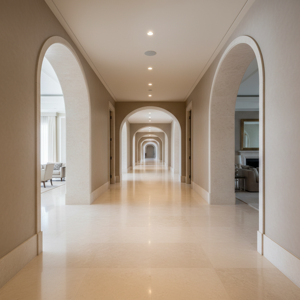 Long luxury residential hallway with travertine flooring and arched doorways receding into the distance, conveying the scale of a high-end home