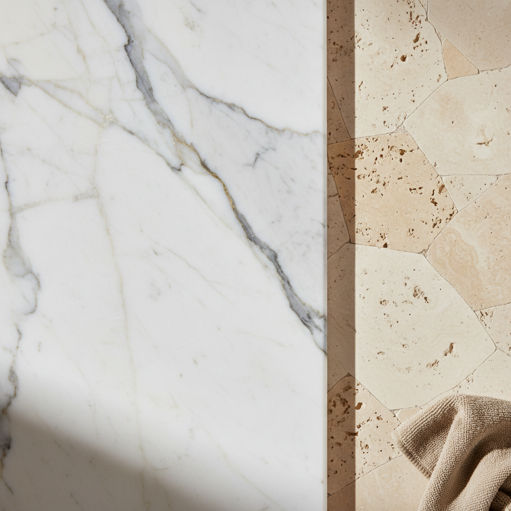 Close-up of polished Calacatta marble and travertine stone surfaces with a folded microfiber cloth in soft raking natural light