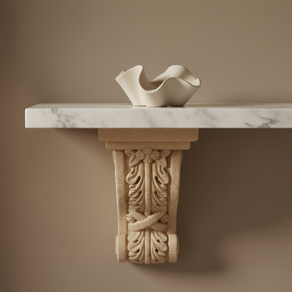 Hand-carved stone corbel bracket supporting a marble shelf with a single sculptural ceramic object, highlighting irreplaceable architectural craftsmanship