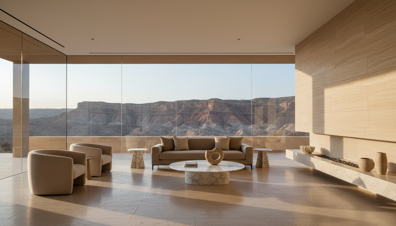 Honed limestone floor and floor-to-ceiling glass walls in a desert estate living room overlooking a red-rock canyon ridgeline