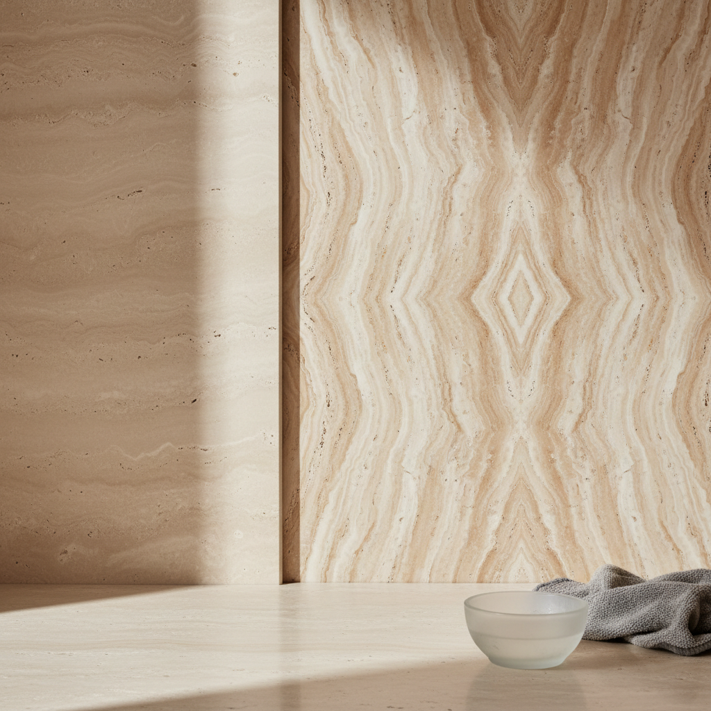 Closeup of honed limestone countertop and travertine wall panel with a folded microfiber cloth and stone-safe cleaner