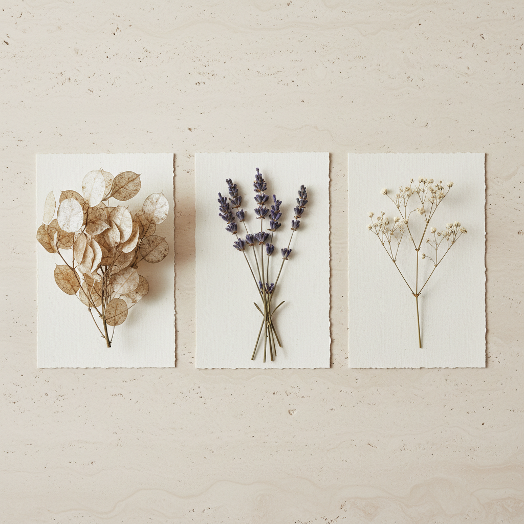 Three linen cards with botanical sprigs of varying fullness arranged on a travertine surface, suggesting different service tiers