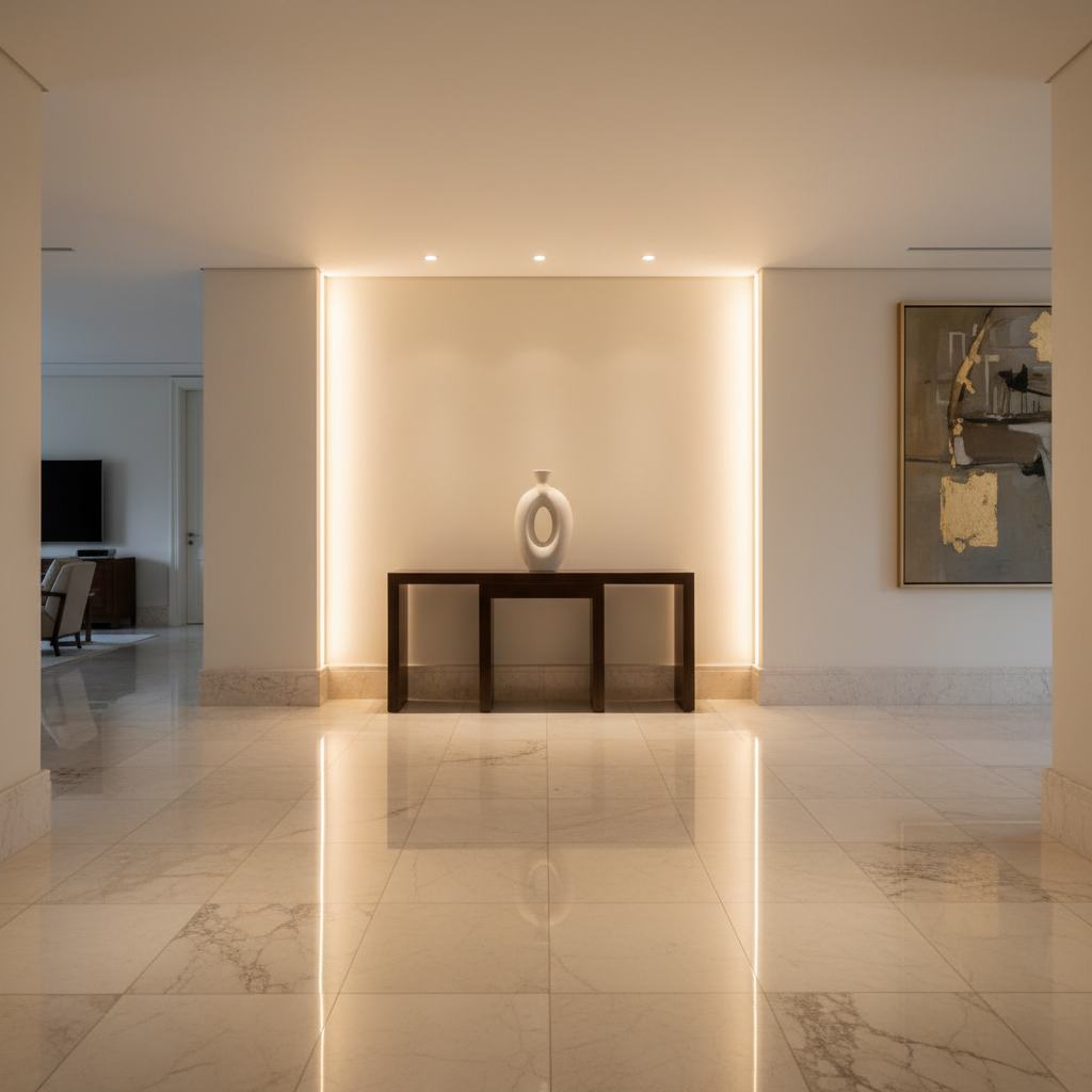 Elegant luxury home entryway with polished marble floor, sculptural ceramic vase on a console table, and framed artwork on the wall