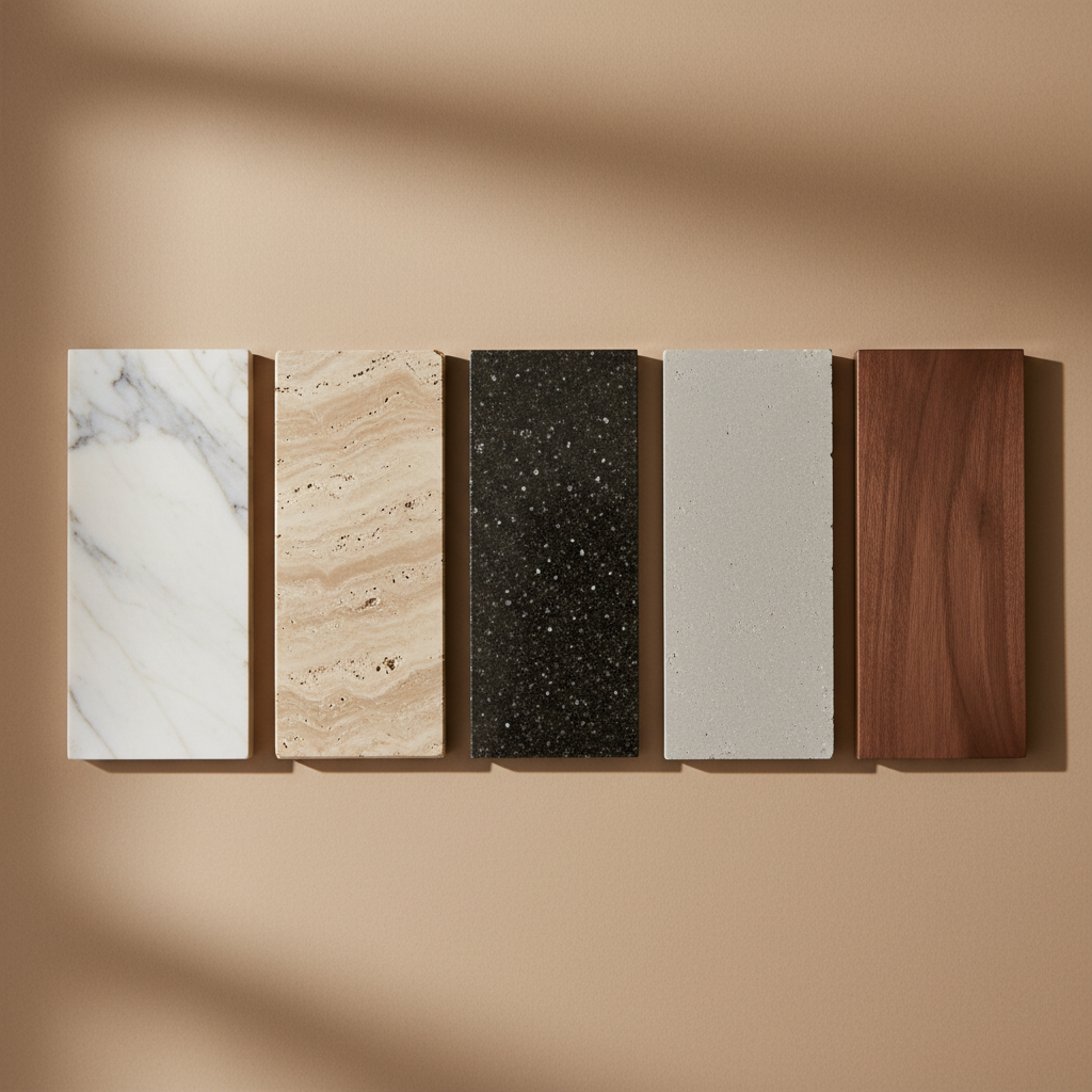 Close-up arrangement of natural stone surface samples including marble, travertine, granite, and limestone showing texture and finish differences