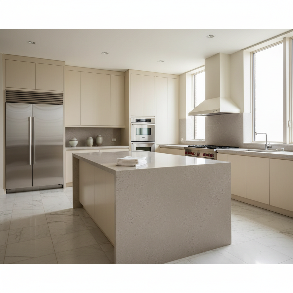 Pristine luxury kitchen with honed quartzite island, integrated cabinetry, and professional-grade appliances in soft natural light