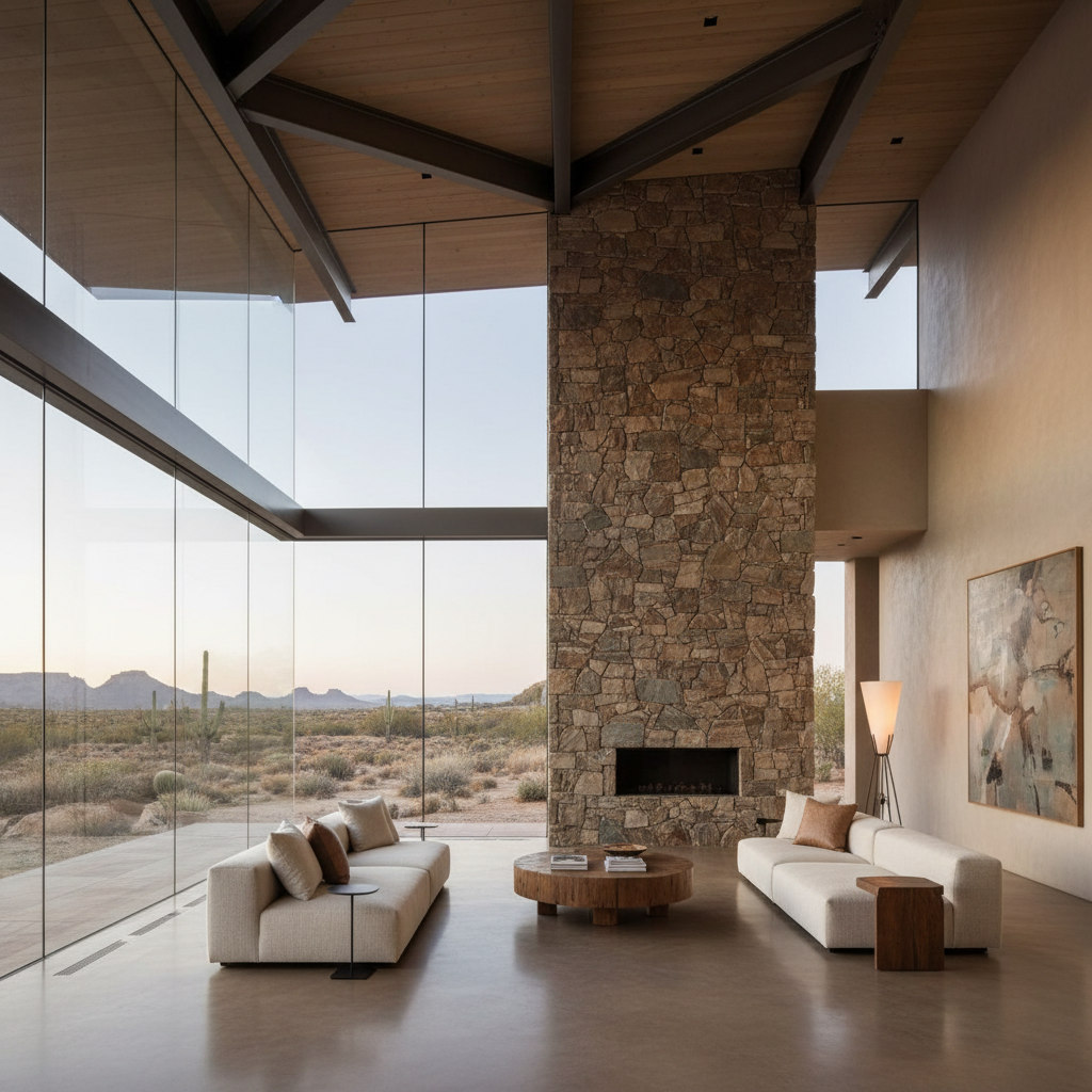 Angular great room in a high-desert luxury home featuring a full-height stone accent wall, polished concrete floor, and floor-to-ceiling corner glass