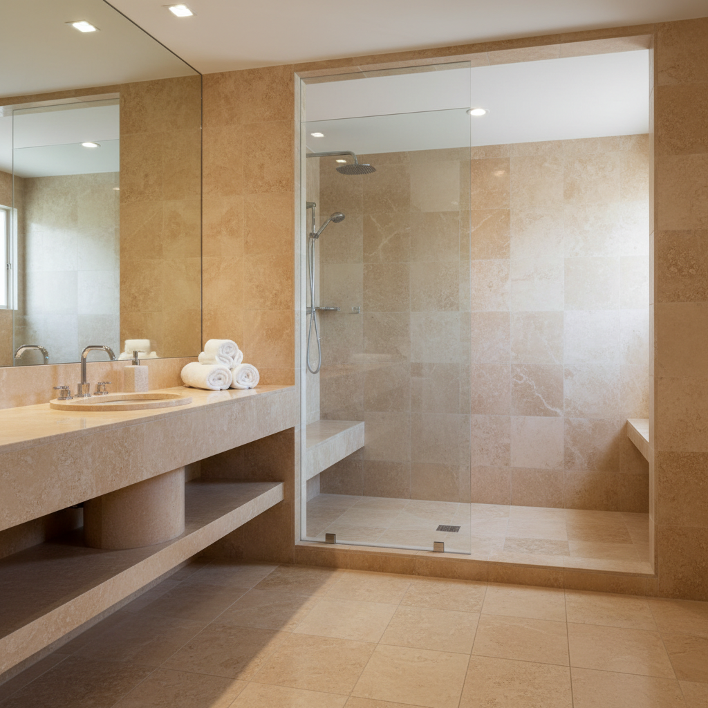 Immaculate luxury master bathroom with large travertine floor tiles, streak-free frameless glass shower, and polished stone vanity under soft natural light