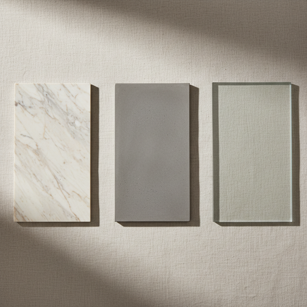 Three luxury surface material samples — honed marble, polished concrete, and clear glass — arranged side by side under soft editorial light