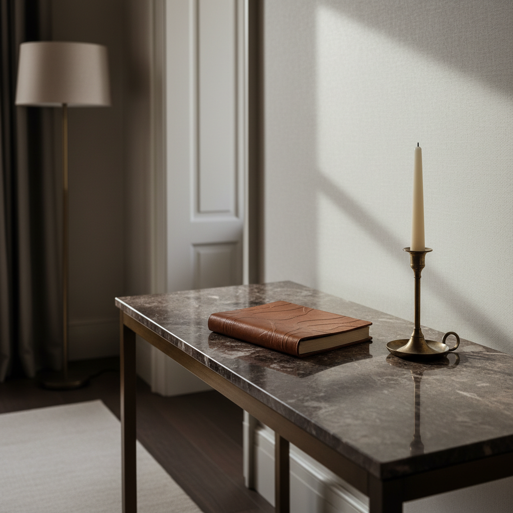 A closed notebook and unlit candle on a dark marble console table in a quiet, dimly lit luxury interior