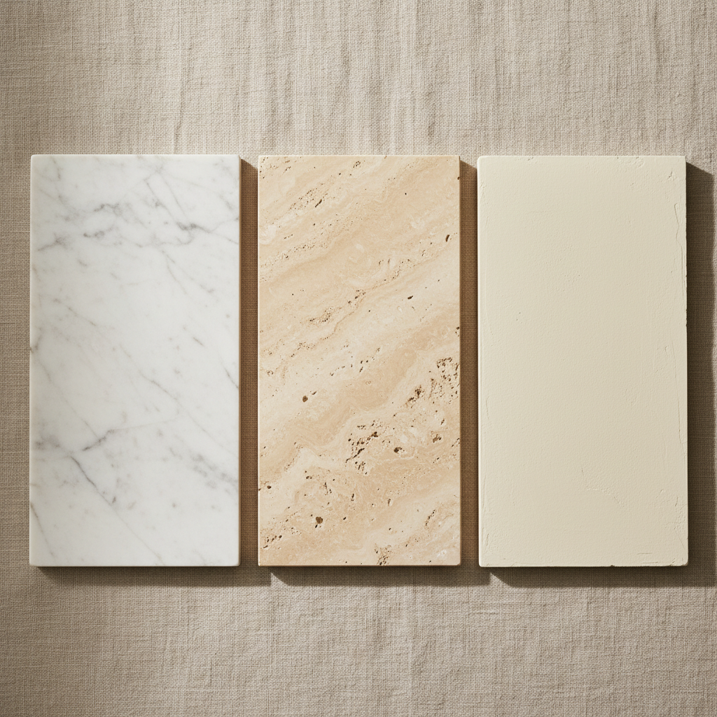 Close-up of marble, travertine, and Venetian plaster surface samples in natural light