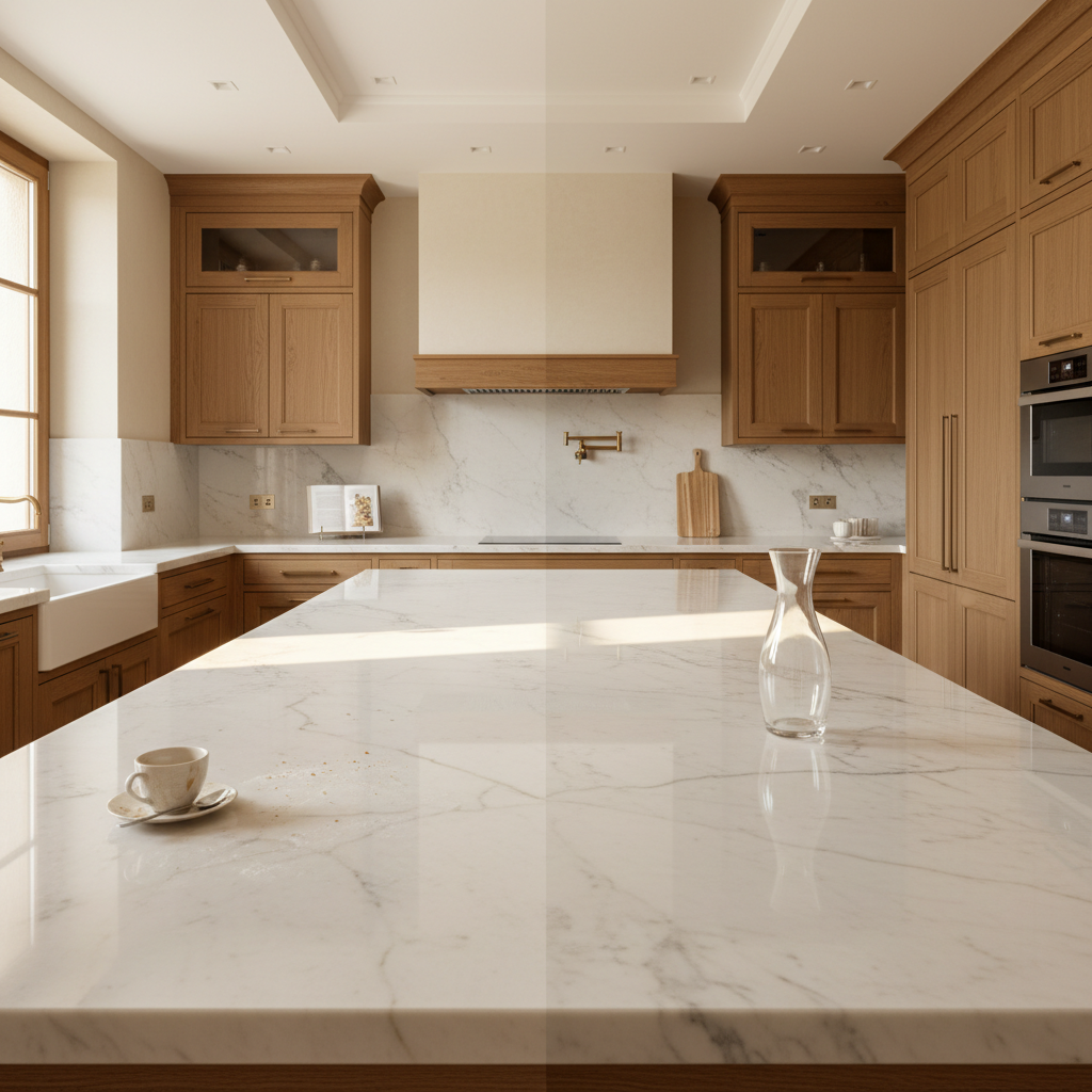 Marble kitchen island surface shown in two contrasting states — everyday maintained versus deeply polished