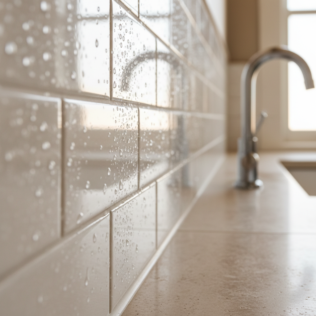 Close-up of gleaming white subway tile and clean grout lines in a bright bathroom