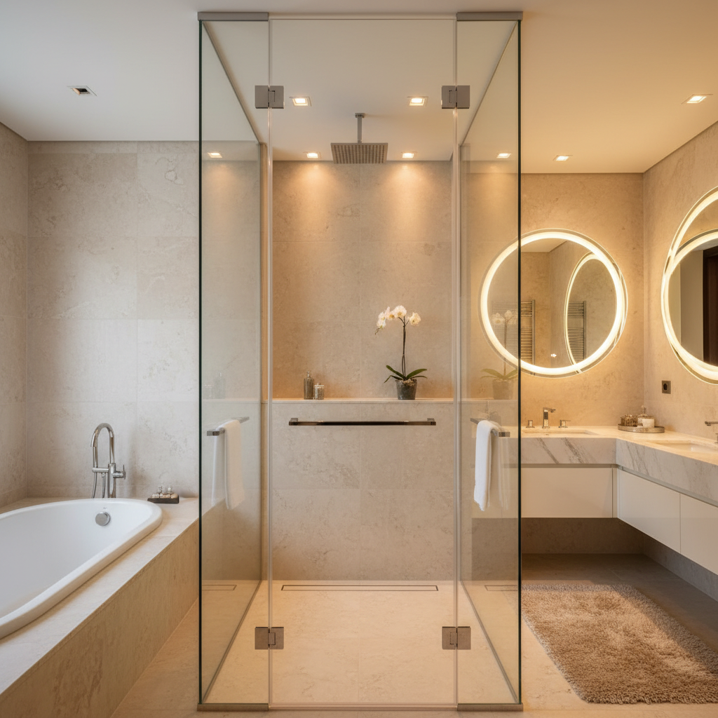 A frameless glass shower enclosure with crystal-clear panels in a pristine luxury marble bathroom