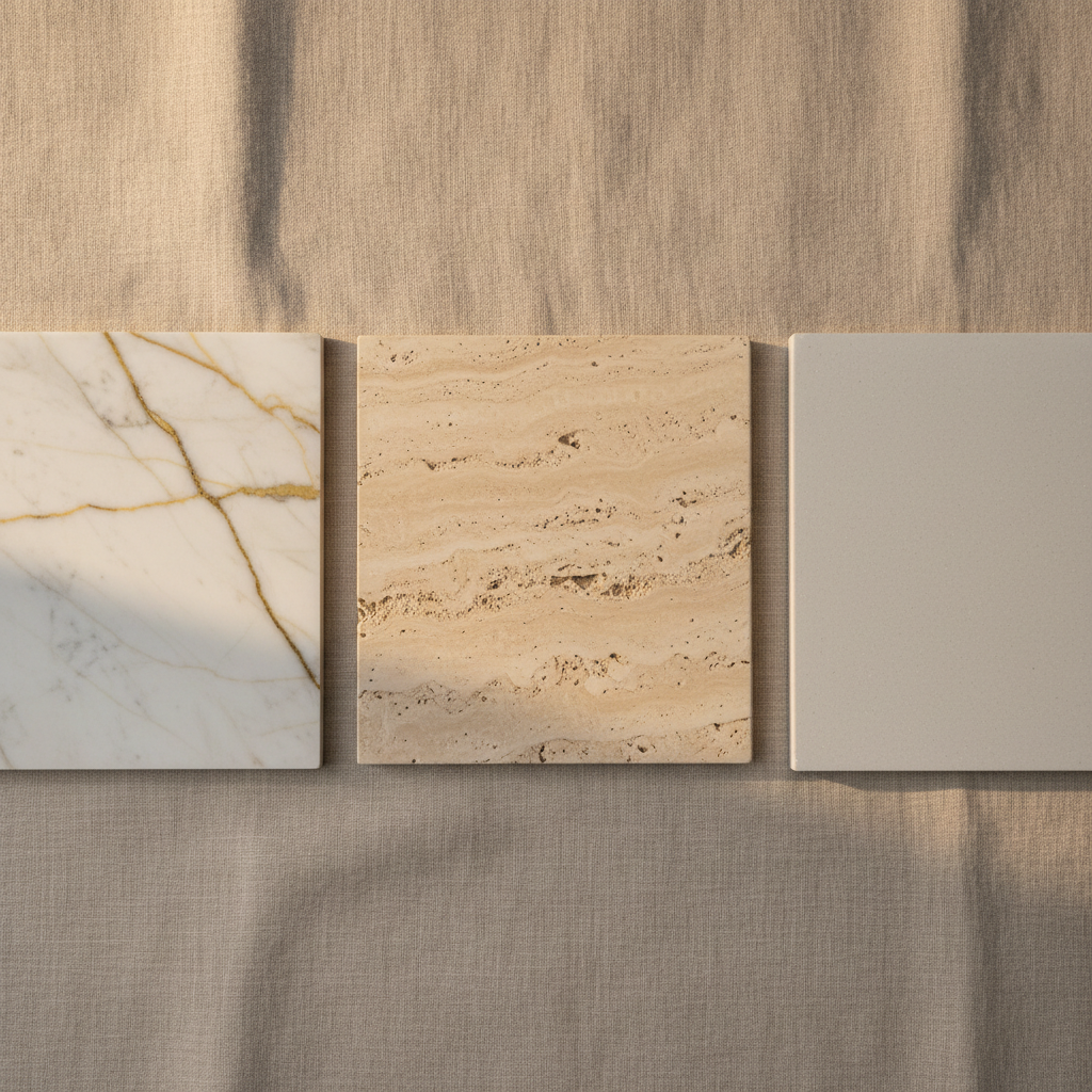 Three luxury stone surface samples — polished marble, honed travertine, and quartz — displayed side by side in raking natural light