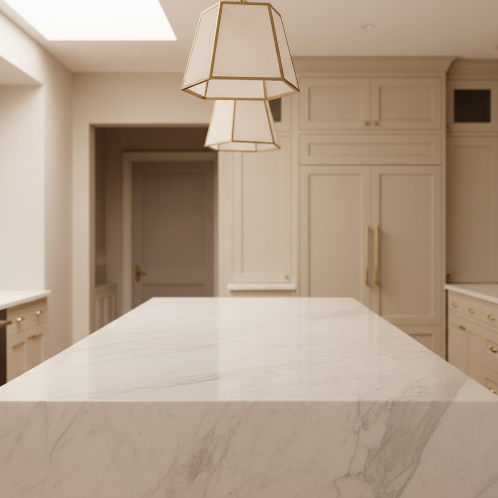 Immaculate honed white marble kitchen island countertop gleaming under warm natural light in a large luxury kitchen