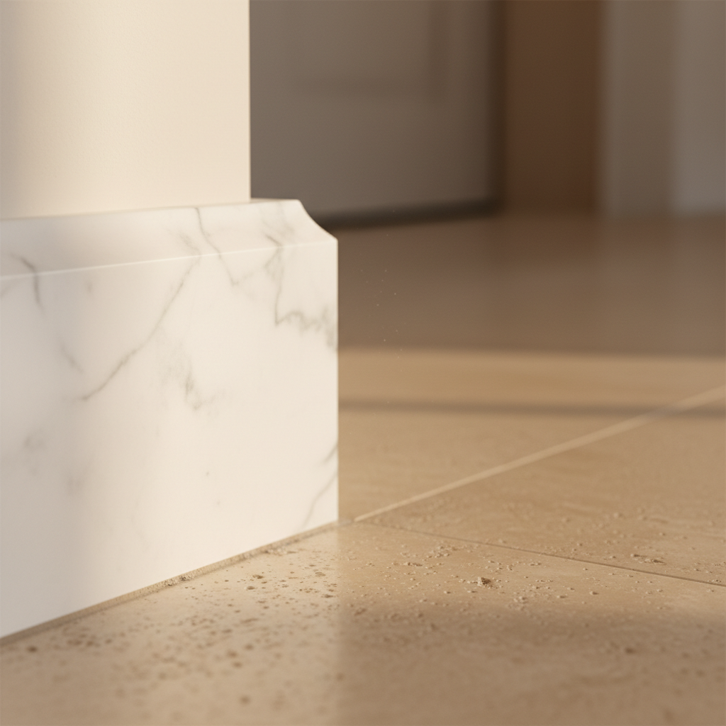 Close-up of a polished marble baseboard meeting a travertine floor, revealing fine surface dust in warm side light