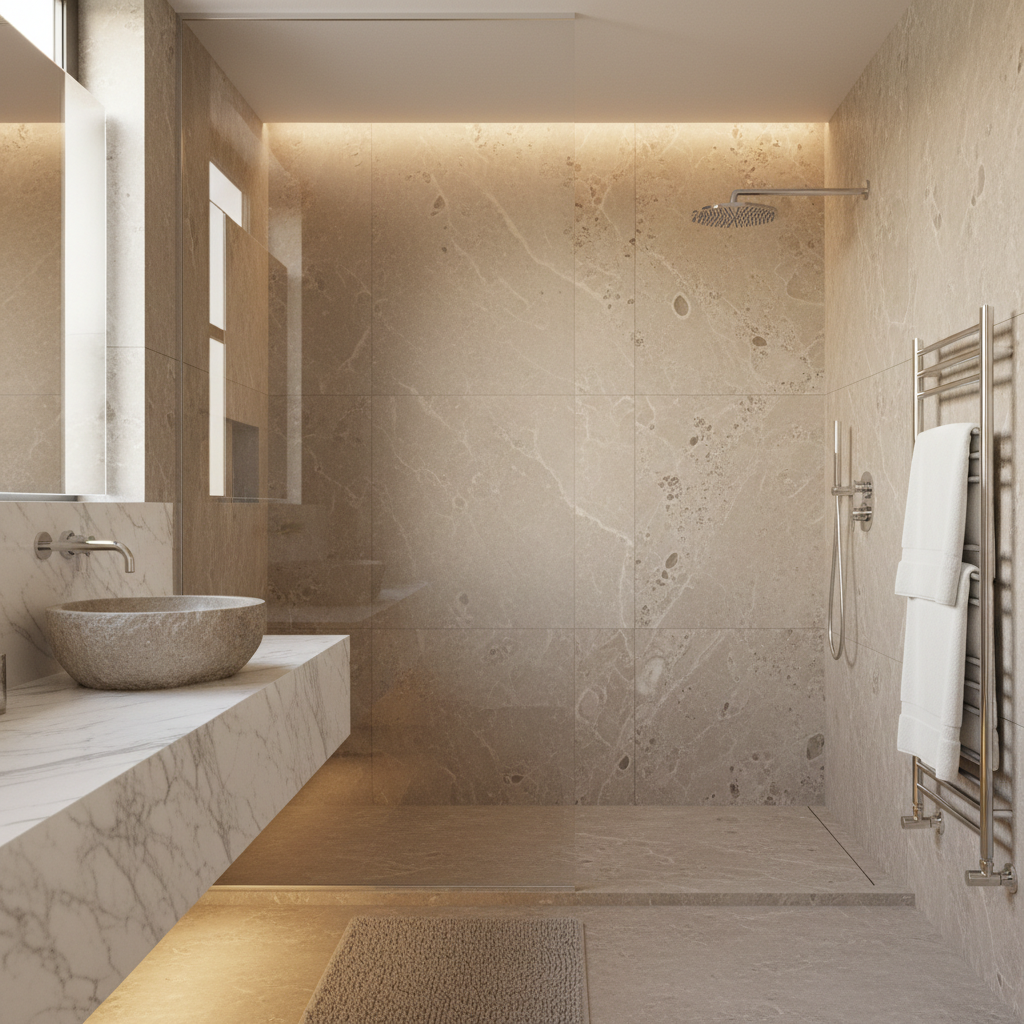 Primary bathroom with frameless glass shower enclosure, large-format natural stone wall tiles, and a marble vanity under soft diffused light