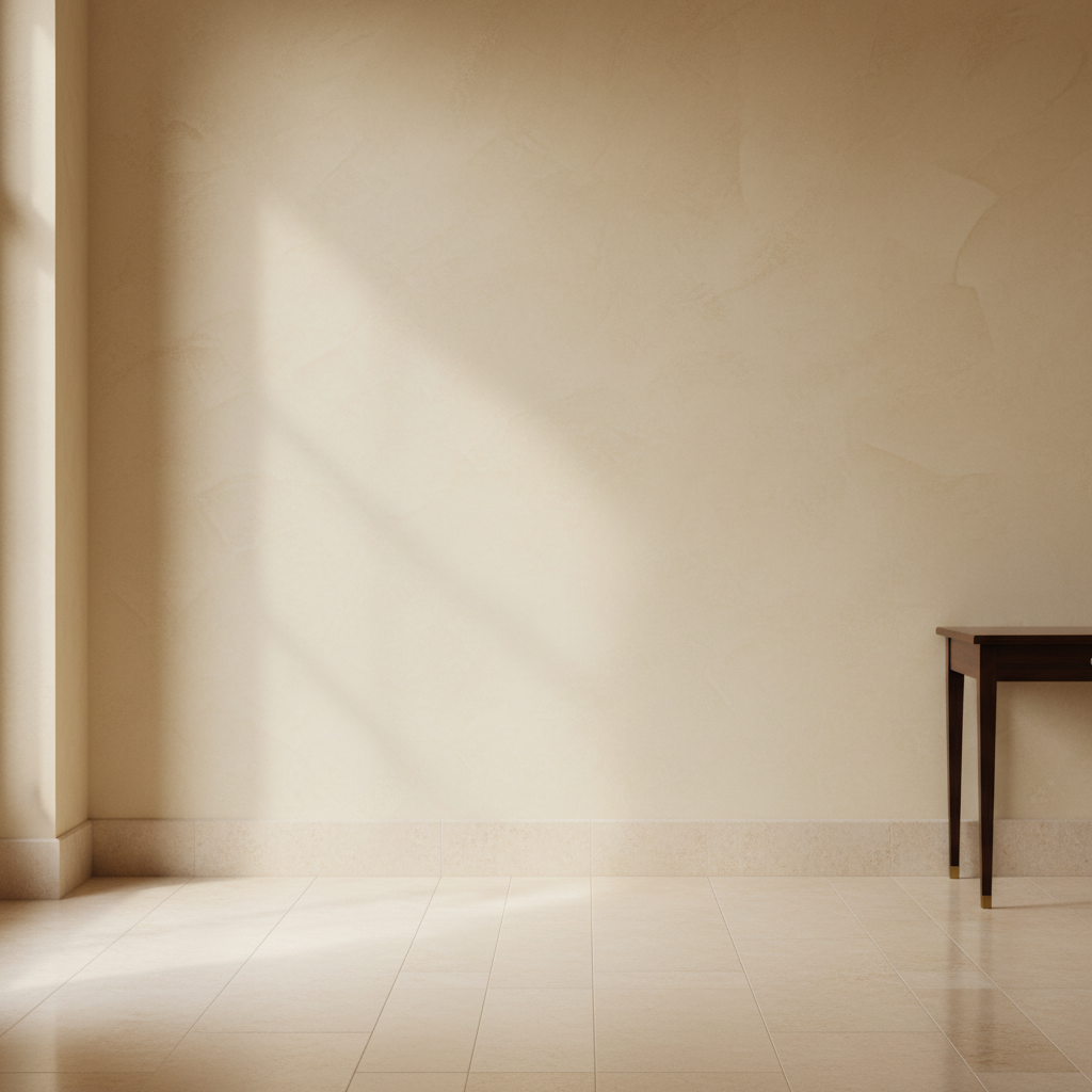 Close view of a Venetian plaster accent wall beside pale travertine stone flooring in an estate entryway