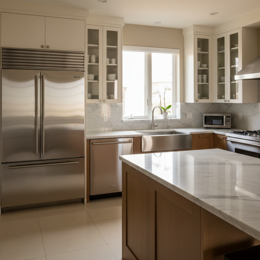 Spotless kitchen interior with gleaming stainless steel appliances, polished marble countertops, and streak-free glass cabinet doors