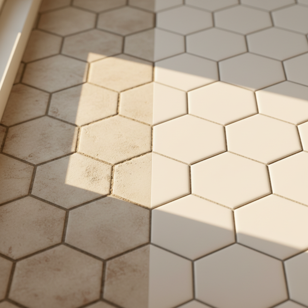 Closeup comparison of discolored tile grout beside freshly cleaned bright white grout on a bathroom floor