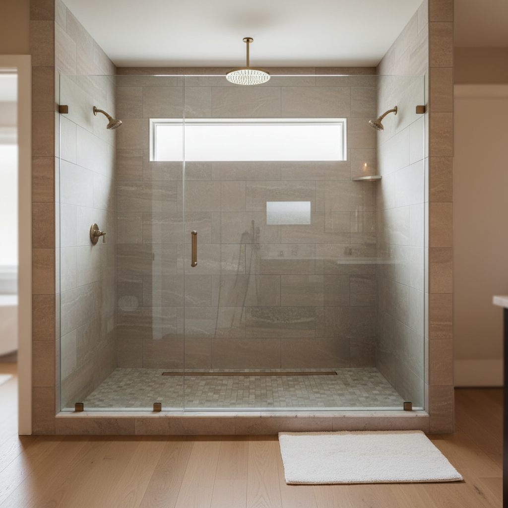 Frameless glass shower enclosure with spotless clear panels and floor-to-ceiling stone tile in a luxury primary bathroom