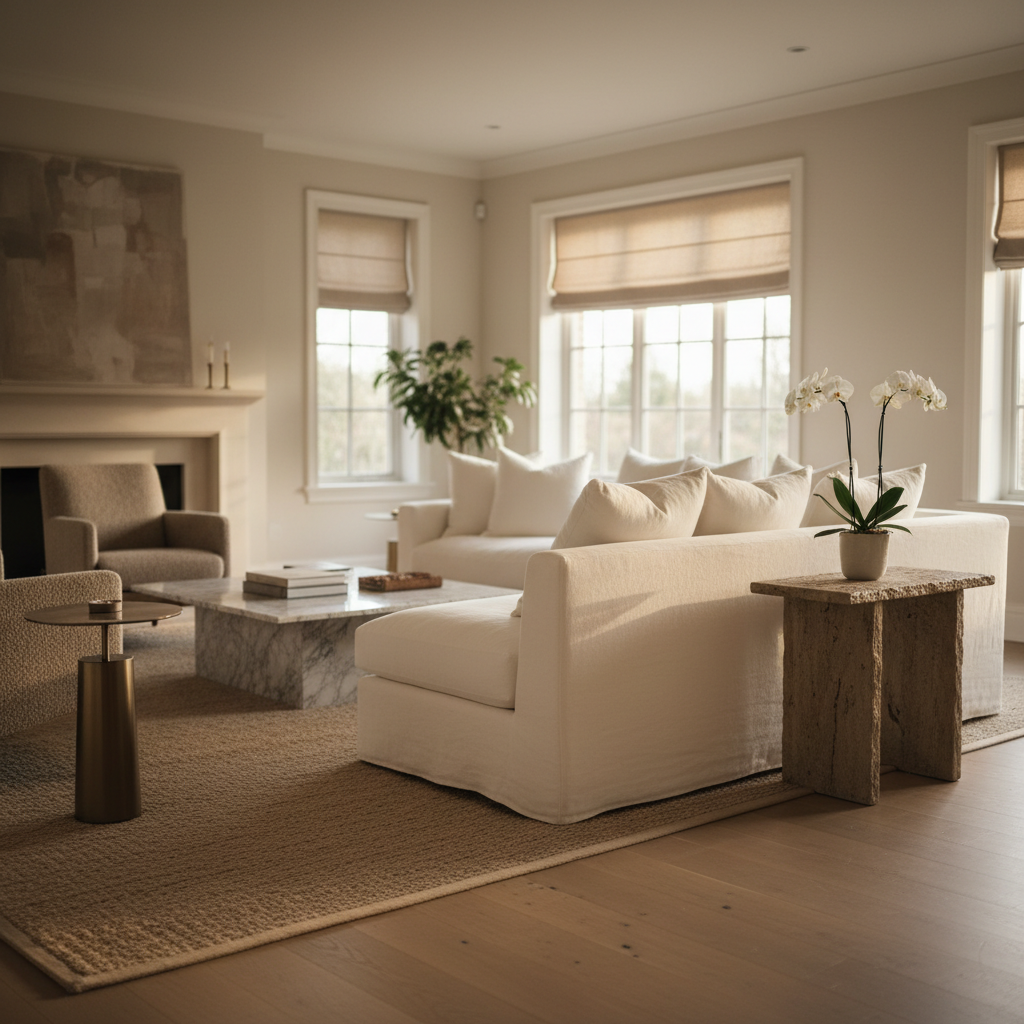 Immaculately arranged luxury living room interior with marble coffee table and fresh orchid, appearing ready for a homeowner's arrival