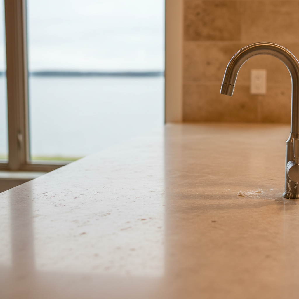 Close-up of honed limestone countertop near a lakeside window with soft reflected water light and brushed-nickel fixtures