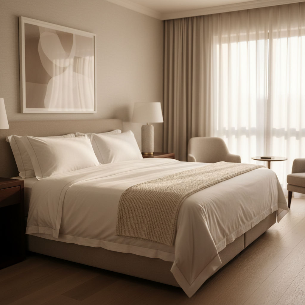 Freshly staged luxury guest bedroom with crisp white linens and stone-base lamps, ready for short-term rental guests