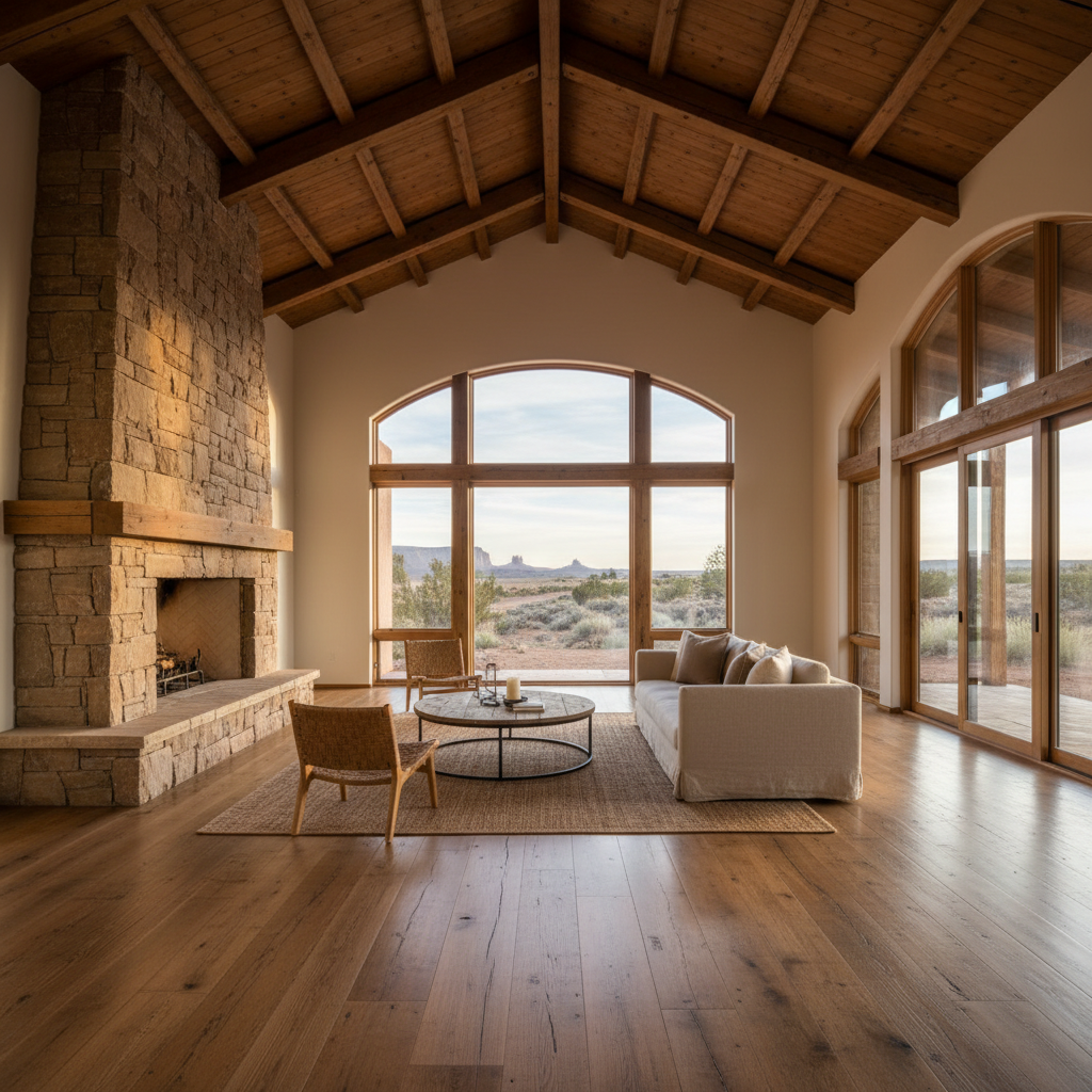 Expansive great room with vaulted ceilings and a stone fireplace in a large upscale desert home