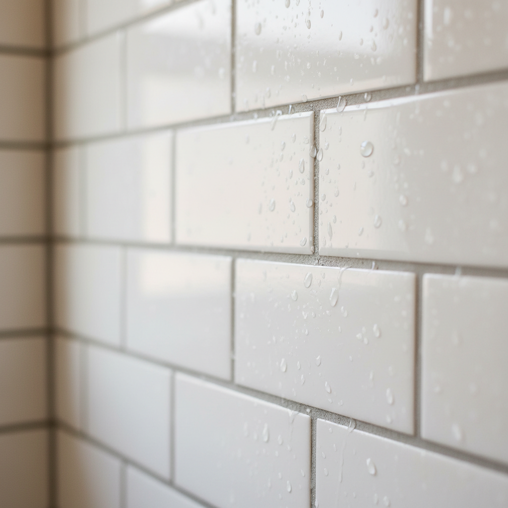 close-up of white ceramic subway tile with clean bright grout lines in a bathroom