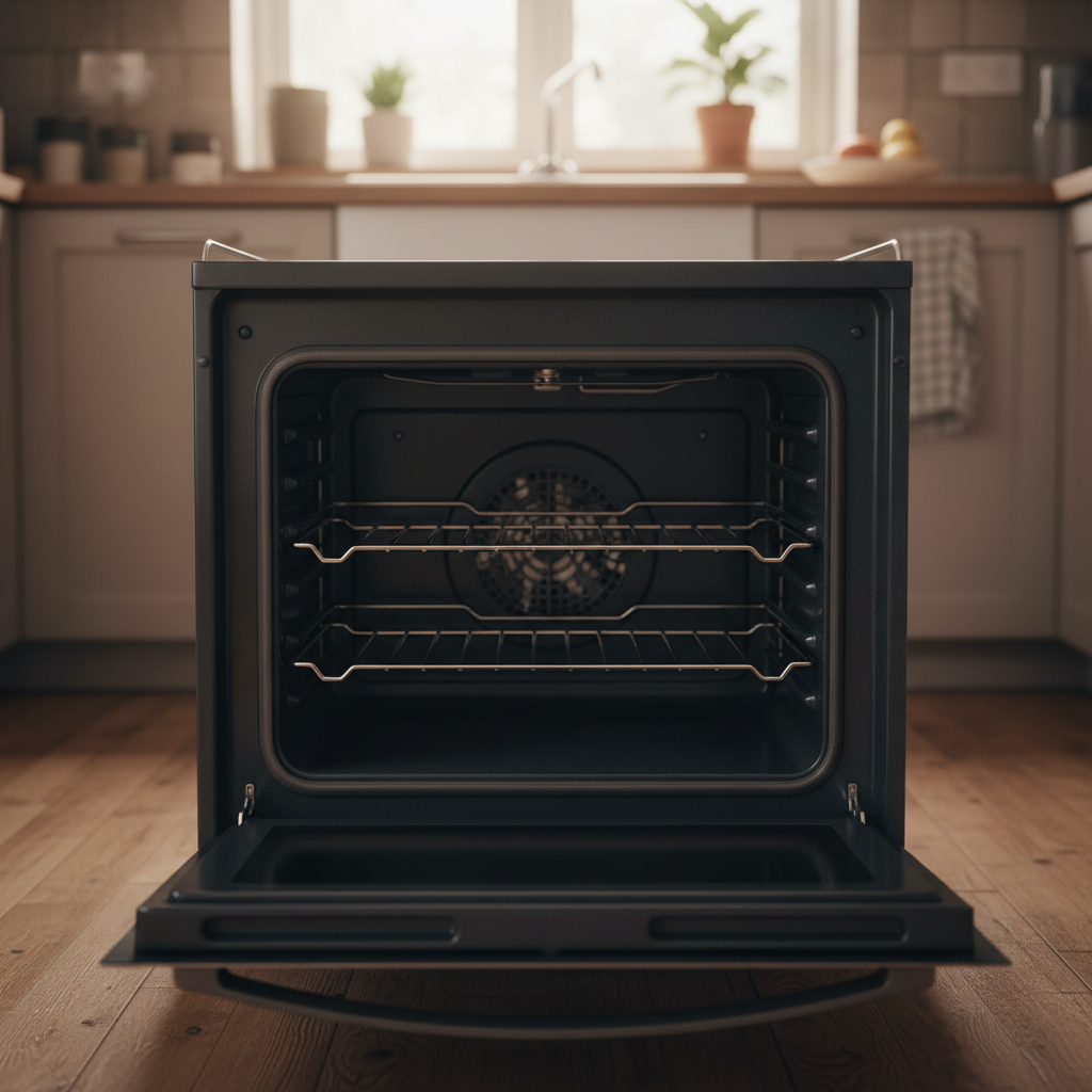 open residential oven with clean polished racks and spotless interior cavity