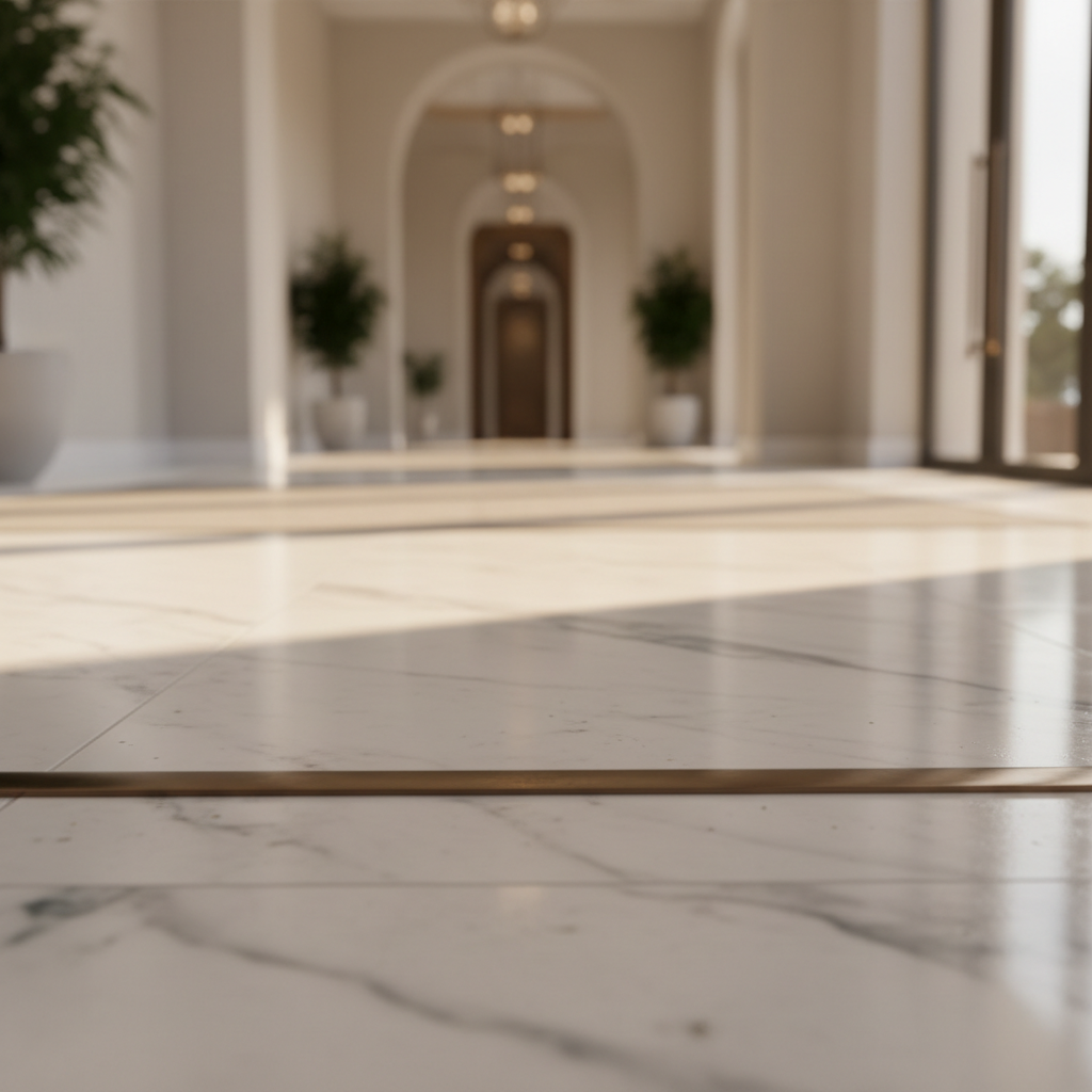 Low sightline view along a polished marble floor edge in a sunlit foyer, light revealing the flawless reflective surface