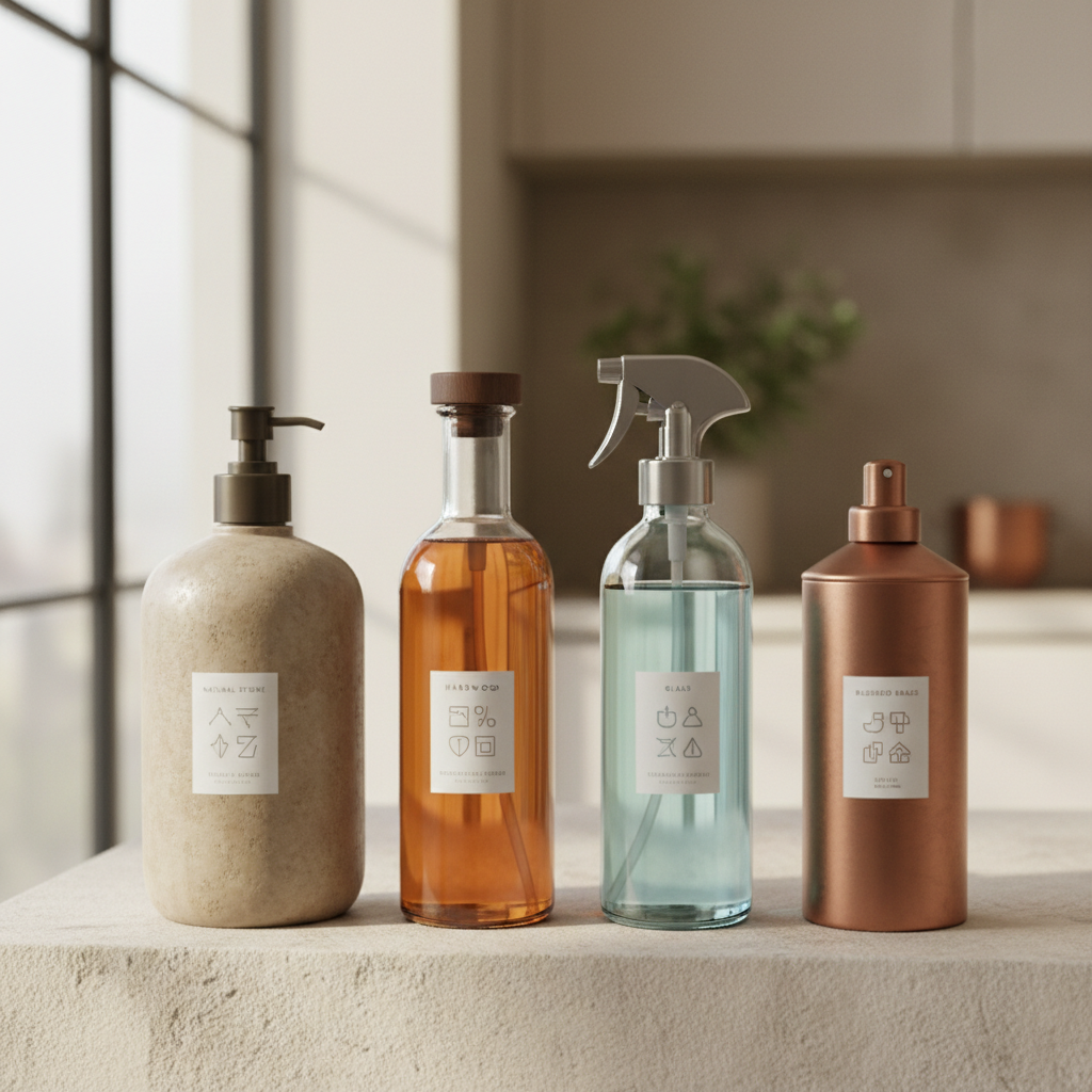 A curated row of surface-specific cleaning solutions arranged on a pale stone shelf in soft natural light