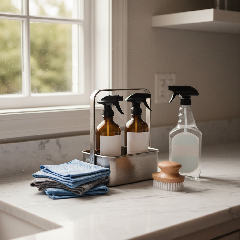 Professional cleaning supplies and microfiber cloths arranged on a white marble countertop