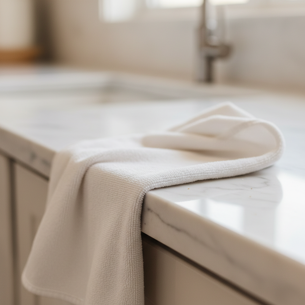 Close-up of a honed marble countertop surface with a folded microfiber cloth in soft raking light