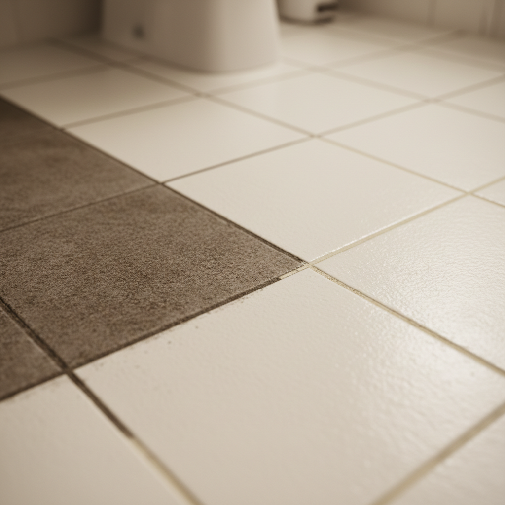 bathroom tile floor with a visible contrast between grimy darkened grout lines and freshly deep-cleaned pale grout
