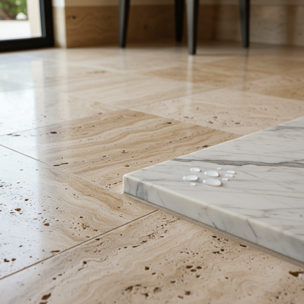 close-up of travertine floor tiles and a marble countertop edge with water droplets resting on the sealed stone surface