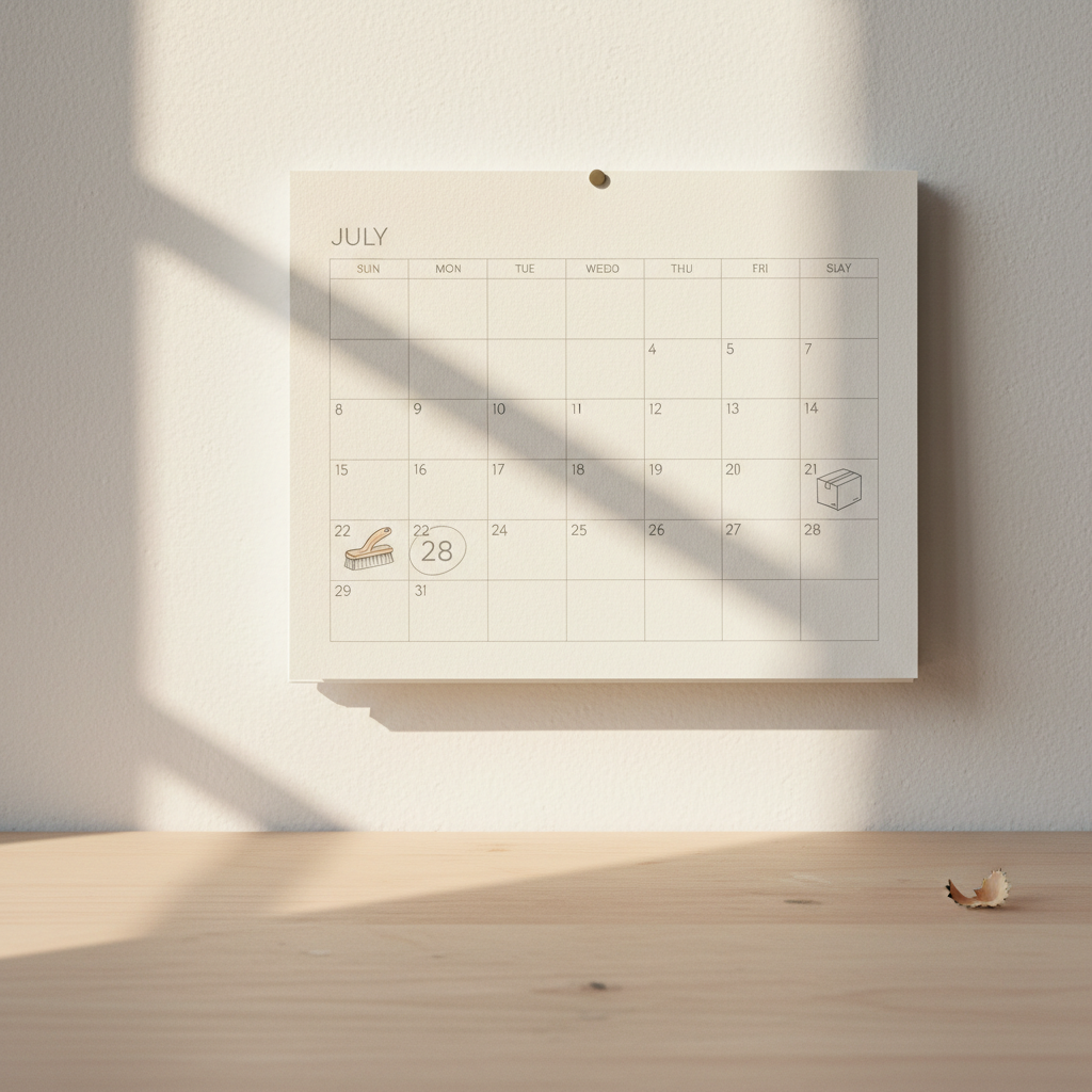 Minimalist wall calendar with two dates circled representing a cleaning appointment and a move-out date in soft natural light