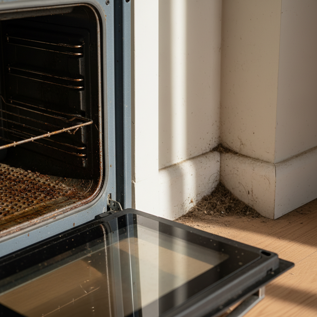 Close-up of baked-on oven grease residue beside a dusty baseboard corner showing commonly missed cleaning areas