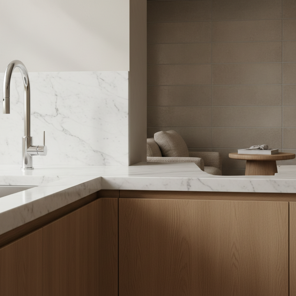 Closeup of contrasting home surface materials including marble countertop, oak cabinetry, chrome tap, and ceramic tile backsplash