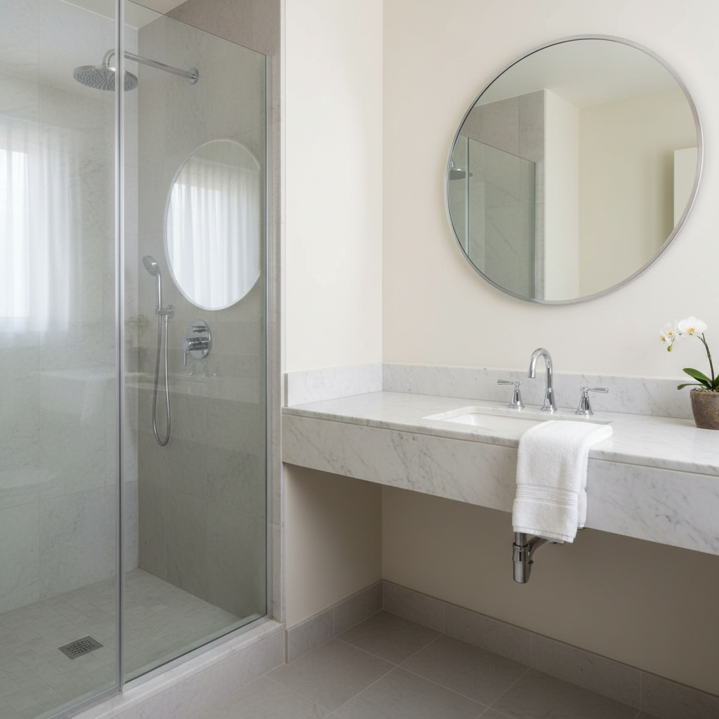 Spotless guest bathroom with clear glass shower enclosure and clean marble vanity countertop