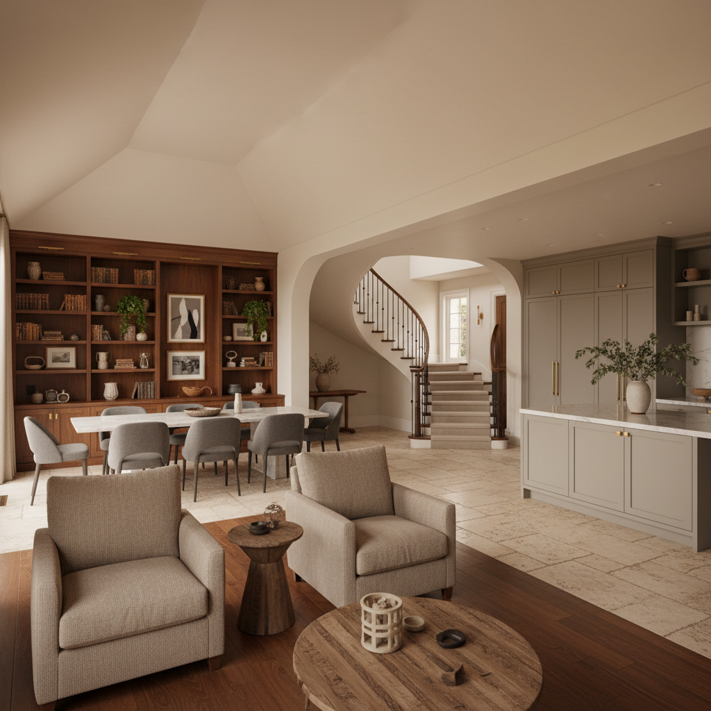 Spacious open-plan home interior with hardwood floors, stone tile, staircase, and vaulted ceiling