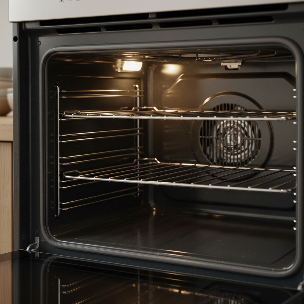 Close editorial view of a spotless oven interior with gleaming racks and clean glass door
