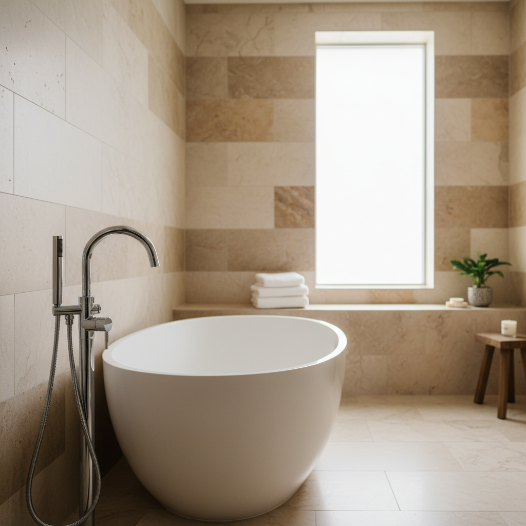 Freshly cleaned modern bathroom with natural stone tile walls, a freestanding soaking tub, and polished chrome fixtures