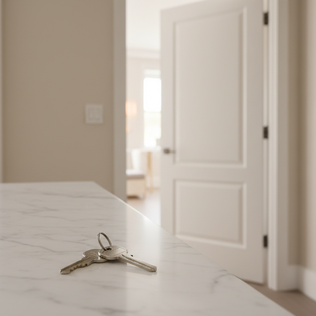 Silver house keys resting on a clean white marble countertop beside a freshly painted interior door in warm natural light