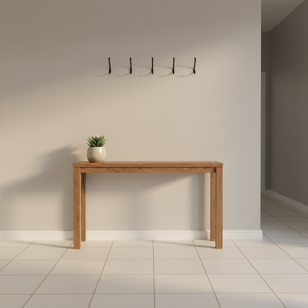 Bright home entryway with a bare console table, clear floors, and uncluttered walls in warm natural light
