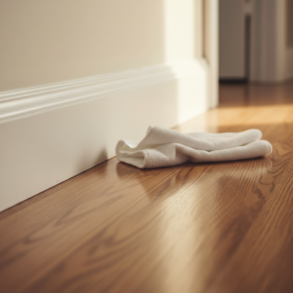 Freshly scrubbed white baseboards meeting polished hardwood floors with a folded microfiber cloth nearby