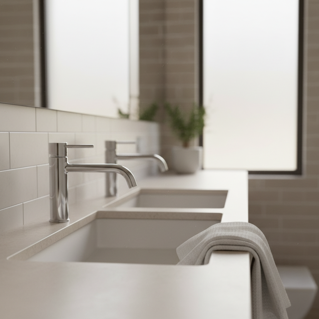Spotless modern bathroom with a polished chrome faucet, clean stone basin, and bright grout lines in soft natural light