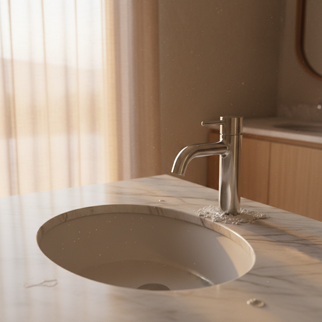Chrome faucet and white basin with visible white mineral scale deposits on a marble countertop in a sun-lit bathroom